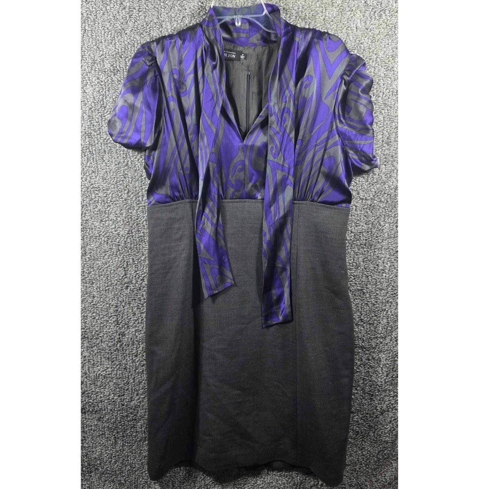 Rickie Freeman Teri Jon Sheath Dress Tie‎ Neck Purple Grey Abstract Womens 16